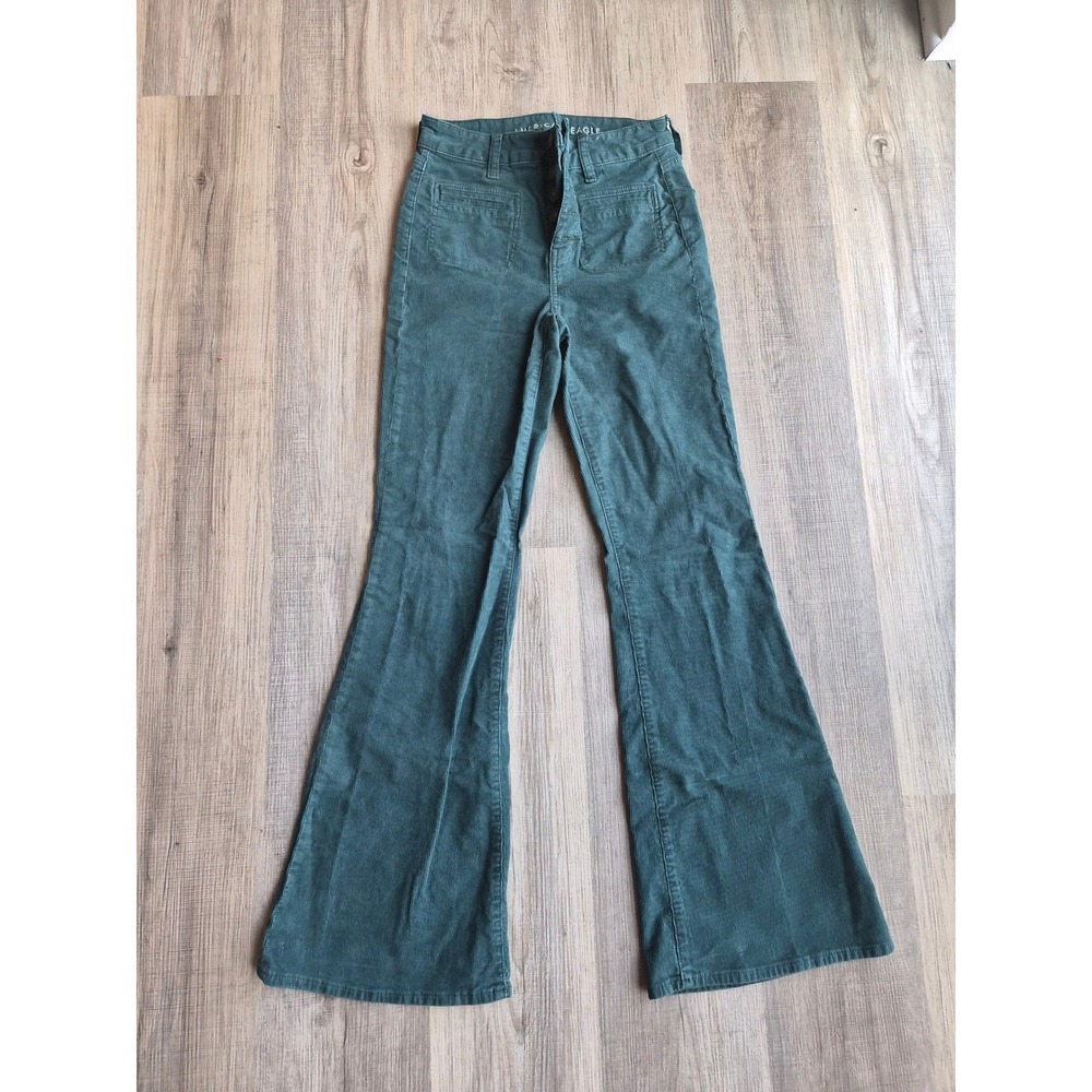 American Eagle Super Hi-Rise Flare Corduroy Pants Green Teal Button Fly Size 2